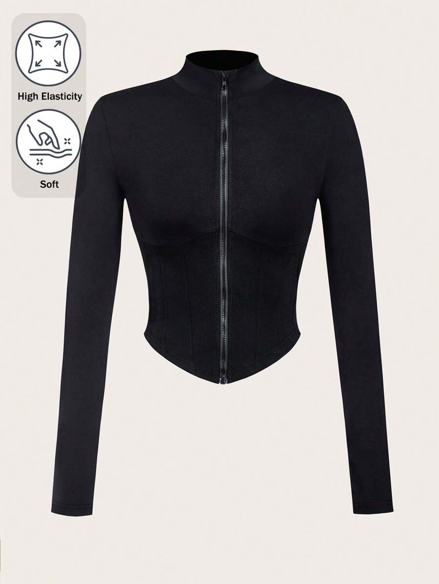 SHEIN EZwear 女式薄款纯色拉链长袖修身夹克,休闲时尚,适合日常穿着,秋冬女装 - 黑色 - 查看 1