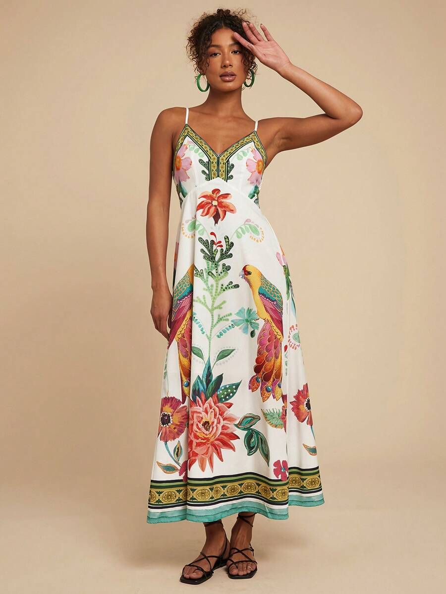 Travachic Tropical Print Spaghetti Strap Dress For Beach Vacation,Sun Dress,Tropical Vacation, Bohemian Outfits, Ibiza Outfits, Western Style - Multicolor - View 1
