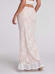 SHEIN BAE Falda de encaje de malla floral elegante de cintura baja para vacaciones en la playa, invitados de boda, despedidas de soltera