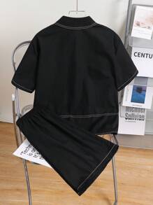 SHEIN Leap Crew 2pcs/Set Tween Boys Korean Style Casual Contrast Collar Pocket Shirt & Elastic Waist Shorts, Suitable For Outings, School, Holiday, Home, Sports, Spring/Summer - Black - View 4