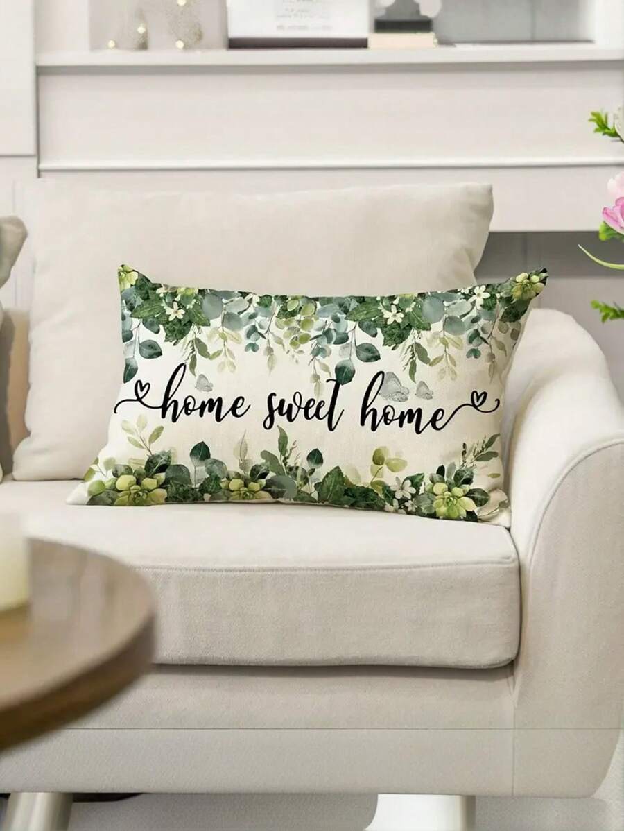 1/2/4 件亚麻“甜蜜的家”桉树叶抱枕套 - 现代风格，可机洗，拉链花卉靠垫套，适用于沙发和长沙发装饰，白色带绿叶图案（单面，无内衬），柔软装饰枕头，秋季装饰，秋季装饰，房间装饰