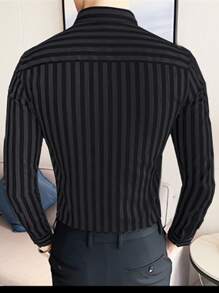 Manfinity Mode Men's Casual Commuter Striped Long Sleeve Shirt - Black - View 2