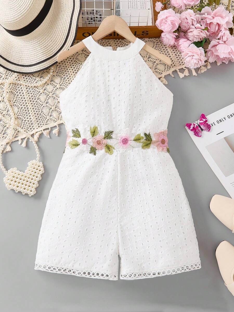 Sparklyn Tween Girls Floral Decor Hollow-Out Design Jumpsuit, Summer