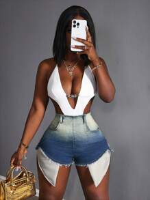 Slaydiva Women's Fashionable High Waisted Gradient Wash Denim Shorts