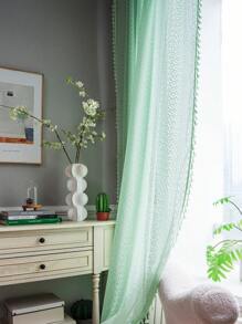 1 pieza Cortina de dormitorio de encaje verde con diseño calado, estilo campestre bohemio con borlas verdes, cortina transparente y casual para decoración, boda, hogar, comedor, hotel, fiesta, todo el año