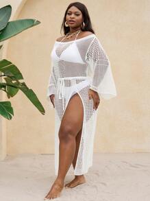 SHEIN Swim Plus Size Knit Crochet Long Cover Up, Suitable For Vacation For Summer