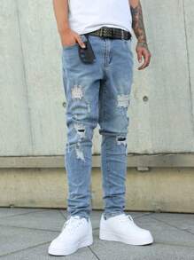 Manfinity LEGND 男士简约破洞口袋牛仔裤，休闲日常穿着