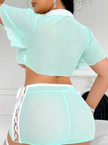 Conjunto de 5 piezas: Uniforme de enfermera talla grande con bloques de color, falda con liguero, medias y lencería sexy