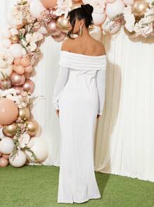 Loomaby Maternity Elegant Solid Off Shoulder Dress - Apricot - View 2