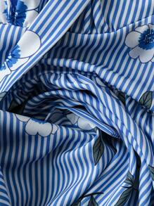 SHEIN Unity 大码女式条纹碎花系带吊带连衣裙、度假风格太阳裙 - 藍色 - 查看 3