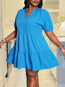 Slaydiva 宽松纯色灯笼袖 A 字形荷叶边下摆大码女式连衣裙，休闲度假风格，春夏