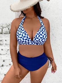 SHEIN Swim Curve Plus Size 2 Pieces Blue & White Printed Ruffled V-Neck Halter Bikini Top With Blue Linen Side Drawstring High Waist Bottoms, Sexy & Slimming Beach Party Swimwear For Women For Summer Beach Vacation - Multicolor - View 4