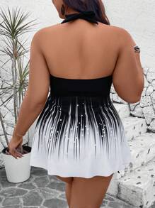 Swim Lushoire Plus Size 2pcs Set, Crop Top With Graphic Print & High Waist Solid Shorts With Side Drawstring, Spaghetti Strap Cami Strap Backless Criss Cross Slimming Casual Tankini