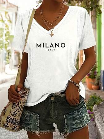 Simple T-shirt décontracté à manches courtes avec col en V et imprimé lettres noires pour femmes