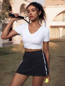 Hanevo 女士休闲针织弹力 V 领白色短款 T 恤 - 白色 - 查看 2