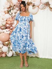 Loomaby Maternity Dress, Gender Reveal Dress For Baby Shower Party - Blue and White - View 5