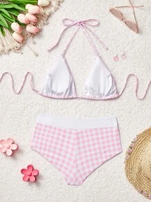 SHEIN MOD 夏日海滩格纹 V 领吊带比基尼套装 - 粉色 - 查看 2