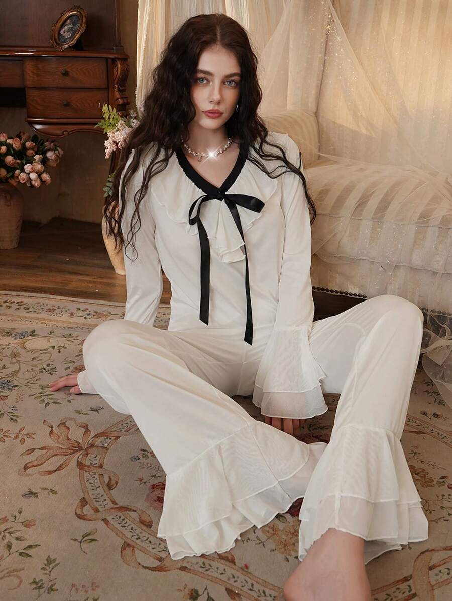 French Elegant Bowknot Mesh Patchwork Ladies Sleepwear Set Holiday Season - White - View 1