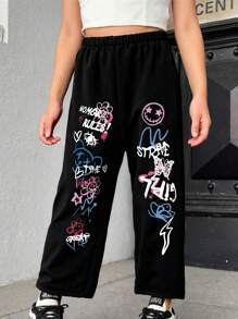1 pièce Leggings décontractés pour jeune fille avec imprimé graffiti à la mode, slogan et motif dessin animé. Vêtements confortables pour les vacances des filles