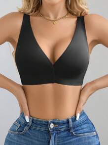 NudeFit 1 Stück bequemer tiefer V-Ausschnitt Knopf-Front einfarbiger BH mit abnehmbaren Pads, drahtloser BH