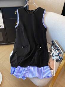 SHEIN LUNE Summer Commuter Sleeveless Two-Piece Contrast Stripe Patchwork Pocket Decor A-Line Mini Dress