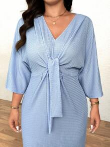 SHEIN Clasi Plus Size Women Elegant Textured Twist Knot Front Midi Dress, Slimming Waist, Stretchy Knit Fabric, High Slit, Blue Long Sleeve Dress For Casual Wear & Commuting - Blue - View 7