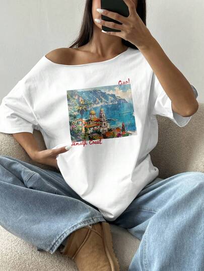 Flirla Women's Loose Off-Shoulder Landscape Cityscape Oversized T-Shirt, Summer