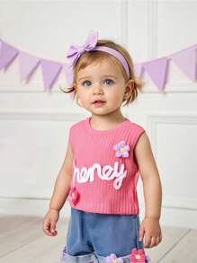 Baby Girl 2024 Summer New Nude Pink Flower Sleeveless Tank Top + Denim Flower Shorts - Pink - View 8