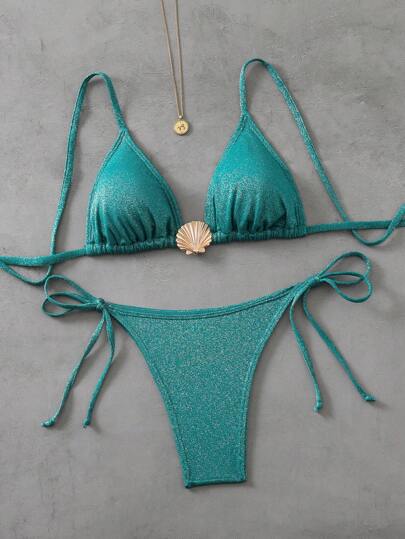 Swim Vcay 女士露背亮片面料贝壳装饰性感比基尼套装