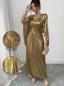 Elenzga 女士春夏斋月假期蝙蝠袖金属光泽长袍，V 领，收腰，及地长，适合女性假期、复活节、母亲节 - 金色 - 查看 3
