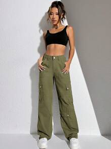 SHEIN EZwear 女式实用口袋直筒宽松休闲百搭牛仔裤 - 軍綠色 - 查看 3