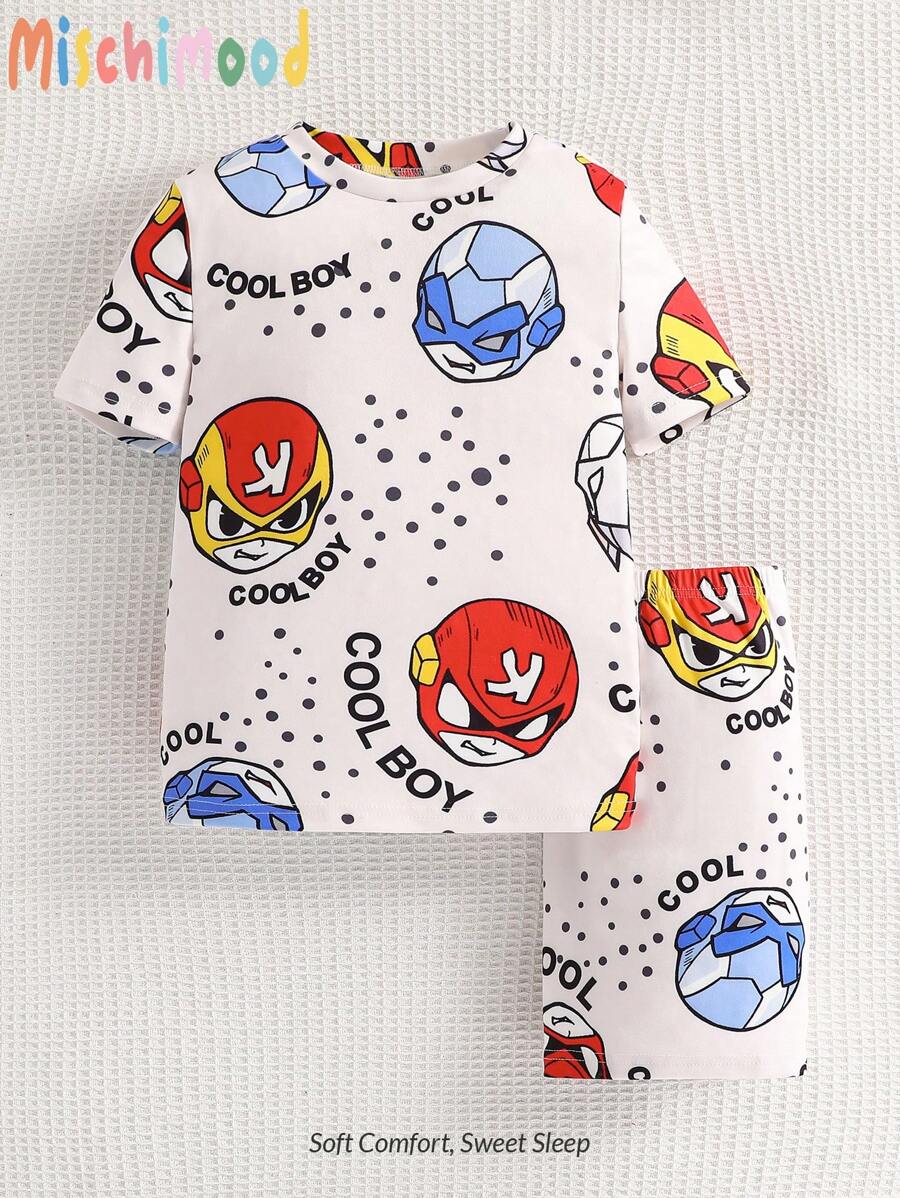 Tween Boy Apricot Superhero Allover Print Short Sleeve Tee And Shorts 2 Pieces Pajama Set Snug Fit Youth Tween Boys Summer Clothes - Apricot - View 1
