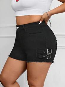 SHEIN EZwear 大码女式口袋磨损下摆可调节带扣设计休闲牛仔短裤 - 黑色 - 查看 5