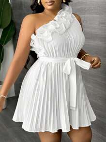 Slaydiva Plus Size Women Floral Ruffle Asymmetric Shoulder Wide Leg Jumpsuit,Graduation Dress - White - View 6