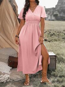 EMERY ROSE Plus Size Women's Waist Wrap & Ruffle Sleeved Dress, For Christmas Maxi Women Outfit - Pink - View 4