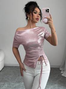 SHEIN Unity Women Off Shoulder Elastic Waist Gold Foil Short Sleeve Light-Colored T-Shirt - Pink - View 7