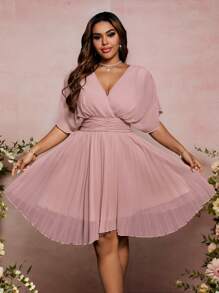 SHEIN Belle Plus Size Women Solid Color Bat Sleeve Ruffled Wedding Guest Mini Dress - Pink - View 4