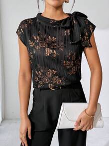 SHEIN Clasi Elegant Women's Short Sleeved Gold Embossed Chiffon Ribbon Tied Shirt, Suitable For Various Occasions - Black and Gold - View 5