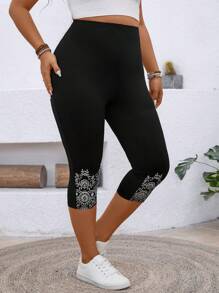 SHEIN LUNE Plus Size Women Floral Print Elastic Waist Casual Cropped Leggings