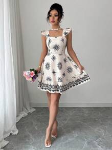 Elenzga Women's Tie Back Waist Ruched Design Printed Mini Sleeve Holiday Casual Commuter Dress
