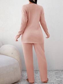 RueChic Conjunto de pijama 100% algodón con gráfico floral y de letras con hombros caídos - Rosa - Ver 2