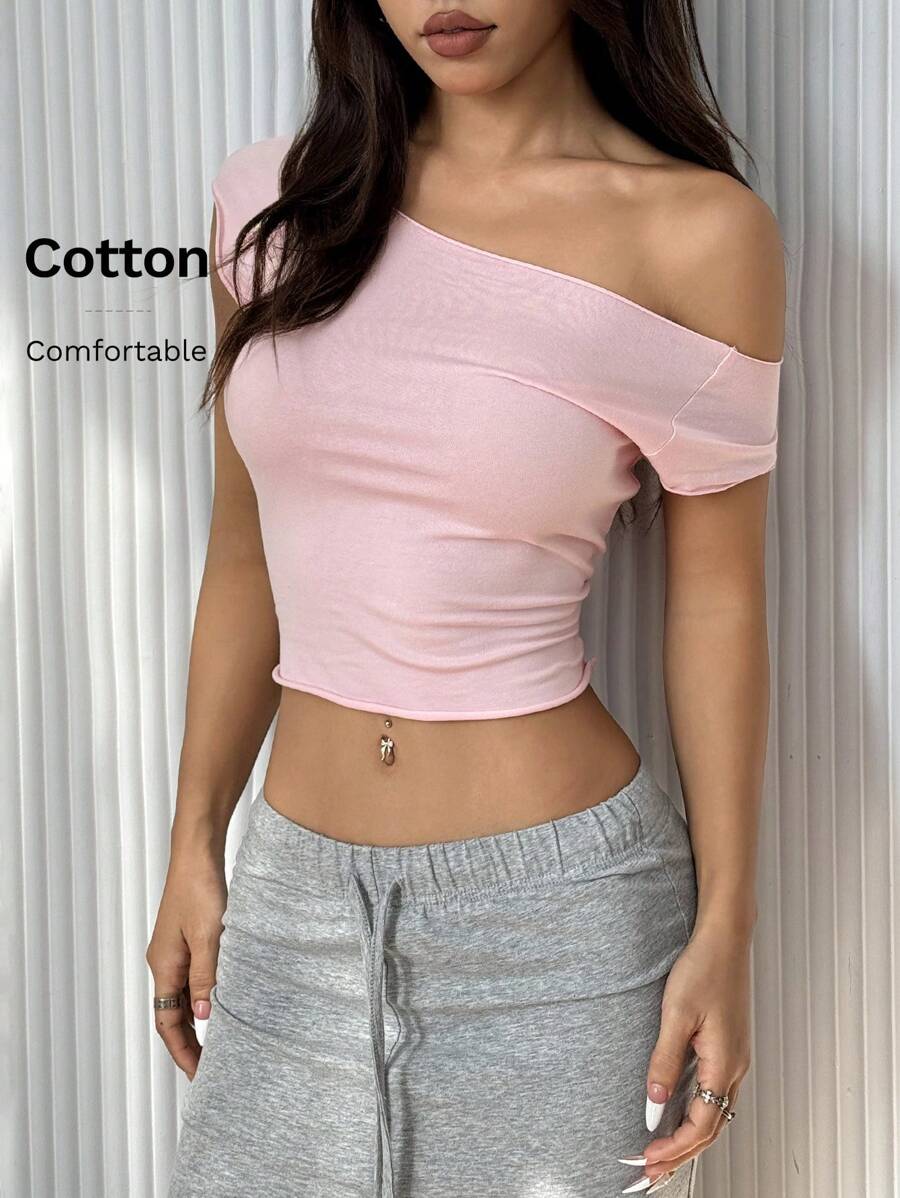 SHEIN EZwear 休闲纯粉色针织短款紧身女式 T 恤 - 粉色 - 查看 1