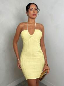 Glamine Vestido de suéter ajustado de canalé con corbata de lazo en la cintura, elegante, para mujer, primavera/verano