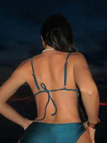 Swim SXY 纯色独特带扣性感连体女式泳衣上衣，节日波西米亚风 - 水鴨藍 - 查看 3