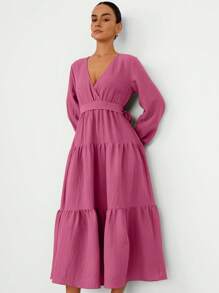 Aveloria Modichic Elegantes, farbenfrohe Wickel-Taille Paneelkleid mit ausgestelltem Saum und Laternenärmel für Damen - Violett - Übersicht 4