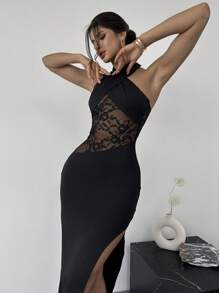 Firerie Elegantes romantisches sexy Rückenfrei Maxikleid mit hohem Schlitz, Spitze, Kreuzausschnitt im Retro-Stil für den Valentinstag