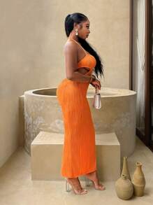 BamGleam Women's Solid Color Sexy Backless Halter Long Dress For Vacation
