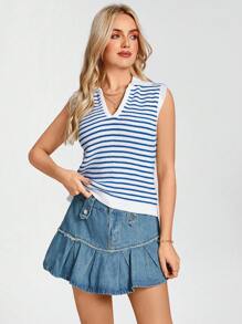 SHEIN LUNE Boho Women Clothing Western Wear Women Beach Women Knit Tops - Blue and White - View 3