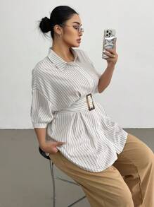 Flirla Plus Size Women Striped Print Collared Button Front Cinched Waist Waist Short Sleeve Casual Elegant Fitted Shirt, Spring/Summer - Apricot - View 6