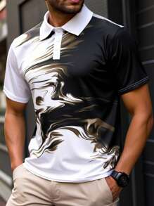 Manfinity Homme Plus Size Men's Front Button Short Sleeve Printed Casual Polo Shirt - Multicolor - View 2